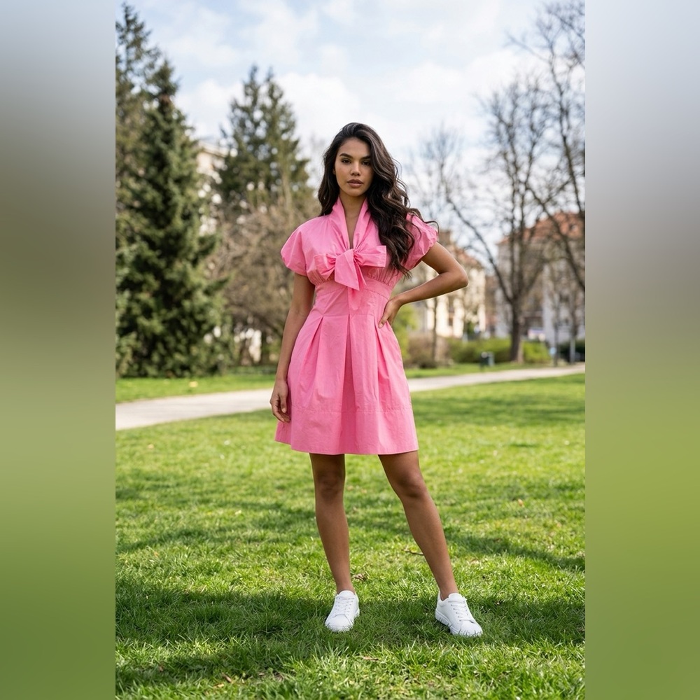 Love Moschino Pink Bow Mini Dress Size 4 IT 40 Cotton Pleated Skirt